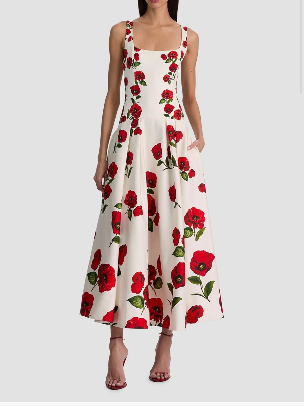 Alice + Olivia Adley Floral Stretch-Cotton Drop-Waist Midi-Dress